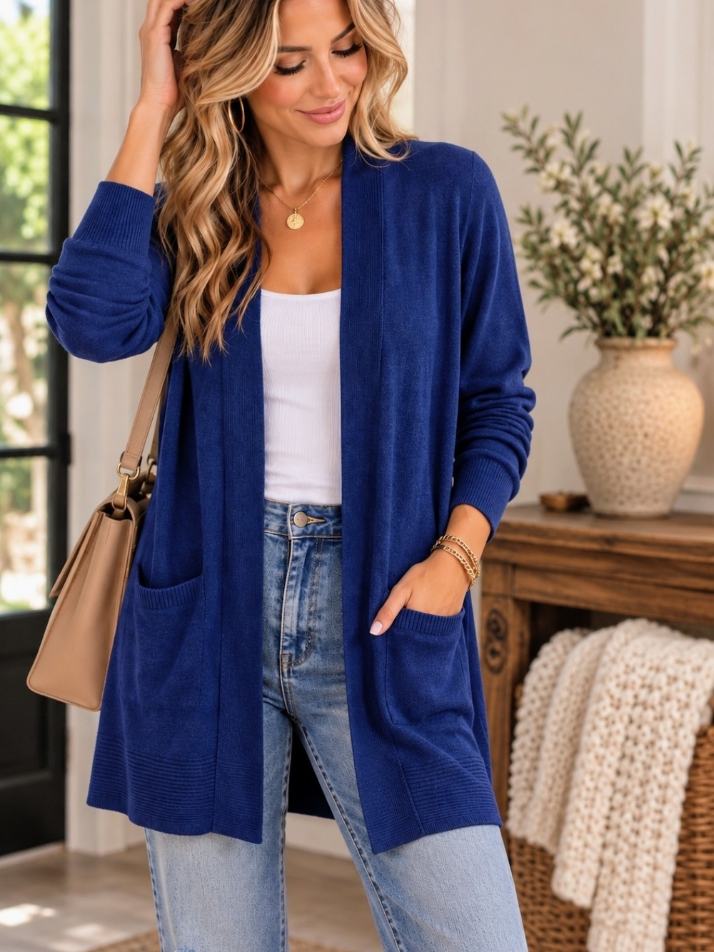 Navy Cardigan XS Soft Knit Open Front Pockets Minimalist Capsule Basic Timeless